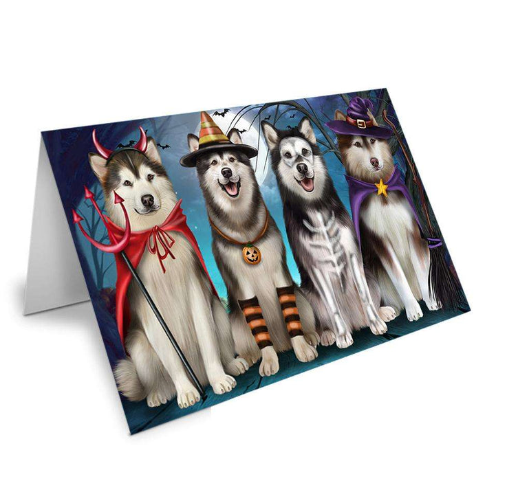 Happy Halloween Trick or Treat Alaskan Malamutes Dog Handmade Artwork Assorted Pets Greeting Cards and Note Cards with Envelopes for All Occasions and Holiday Seasons GCD67844