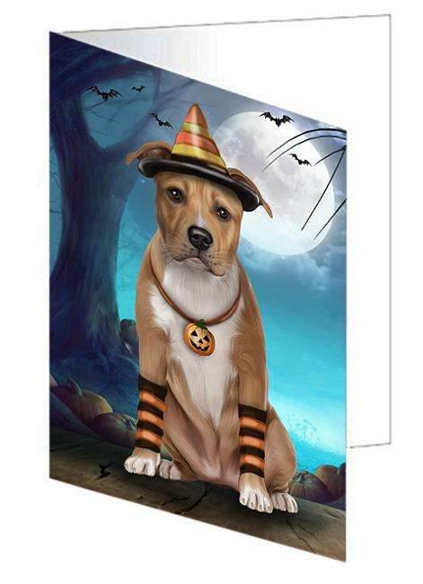 Happy Halloween Trick or Treat American Staffordshire Terrier Dog Candy Corn Handmade Artwork Assorted Pets Greeting Cards and Note Cards with Envelopes for All Occasions and Holiday Seasons GCD61532
