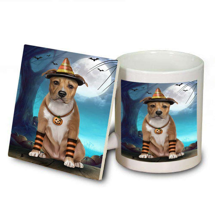 Happy Halloween Trick or Treat American Staffordshire Terrier Dog Candy Corn Mug and Coaster Set MUC52493