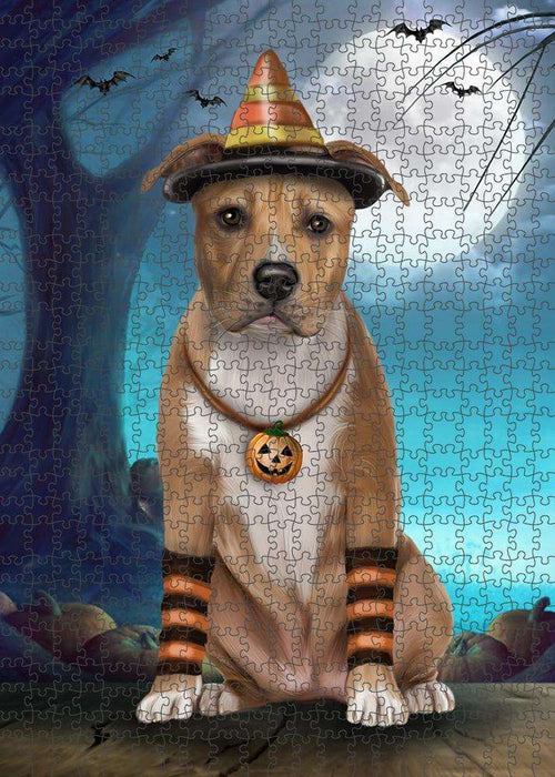 Happy Halloween Trick or Treat American Staffordshire Terrier Dog Candy Corn Puzzle with Photo Tin PUZL61434