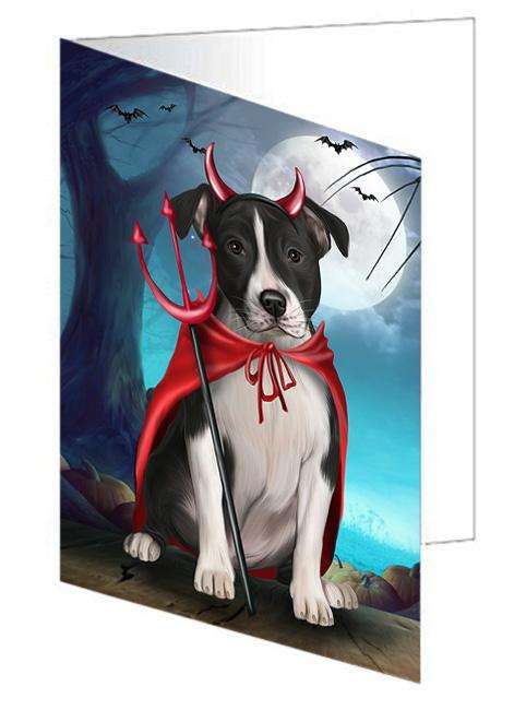 Happy Halloween Trick or Treat American Staffordshire Terrier Dog Devil Handmade Artwork Assorted Pets Greeting Cards and Note Cards with Envelopes for All Occasions and Holiday Seasons GCD61589