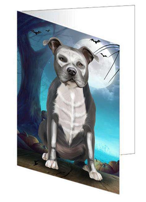 Happy Halloween Trick or Treat American Staffordshire Terrier Dog Skeleton Handmade Artwork Assorted Pets Greeting Cards and Note Cards with Envelopes for All Occasions and Holiday Seasons GCD61646