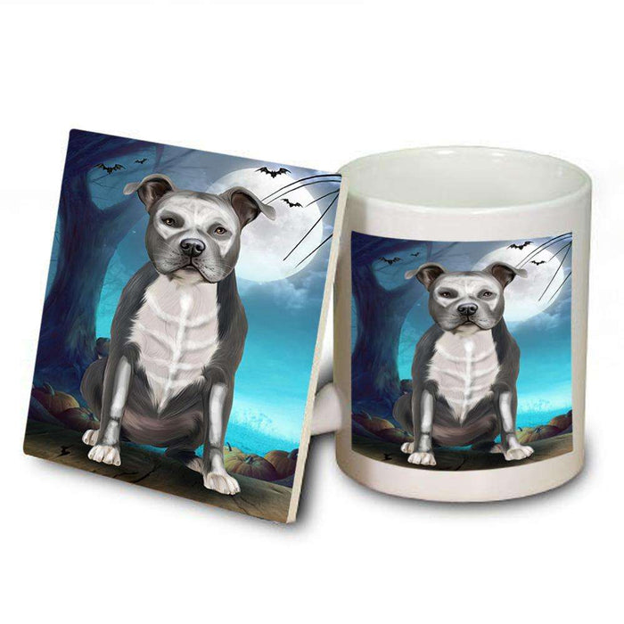 Happy Halloween Trick or Treat American Staffordshire Terrier Dog Skeleton Mug and Coaster Set MUC52531