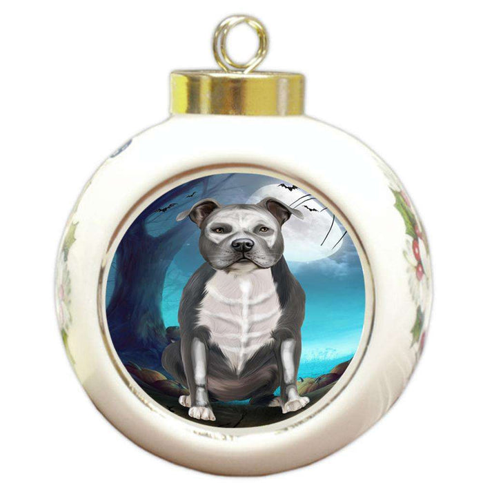 Happy Halloween Trick or Treat American Staffordshire Terrier Dog Skeleton Round Ball Christmas Ornament RBPOR52539