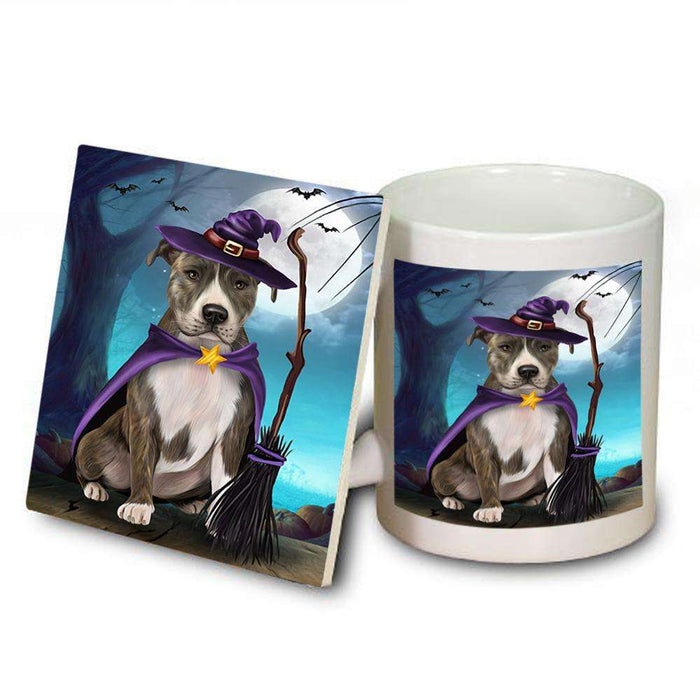 Happy Halloween Trick or Treat American Staffordshire Terrier Dog Witch Mug and Coaster Set MUC52550
