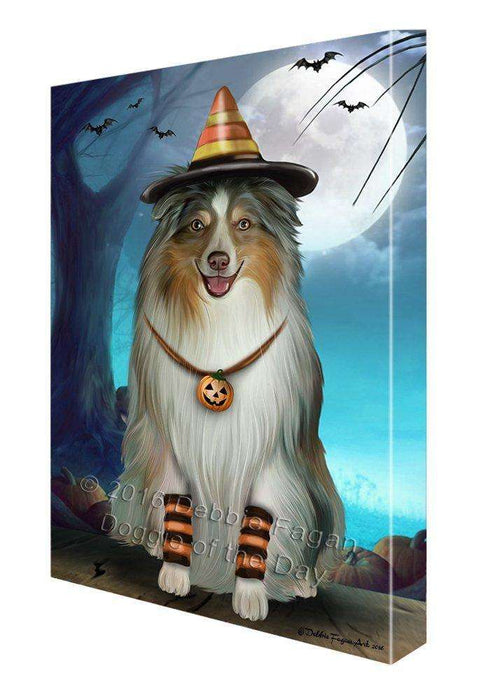 Happy Halloween Trick or Treat Australian Shepherd Dog Candy Corn Canvas Wall Art