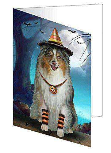 Happy Halloween Trick or Treat Australian Shepherd Dog Candy Corn Handmade Artwork Assorted Pets Greeting Cards and Note Cards with Envelopes for All Occasions and Holiday Seasons