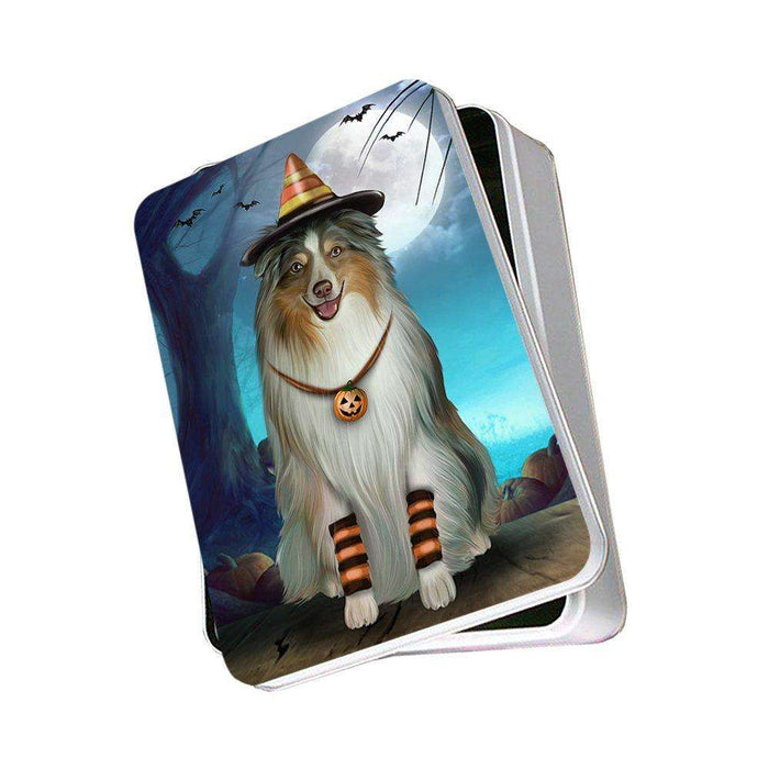 Happy Halloween Trick or Treat Australian Shepherd Dog Candy Corn Photo Storage Tin
