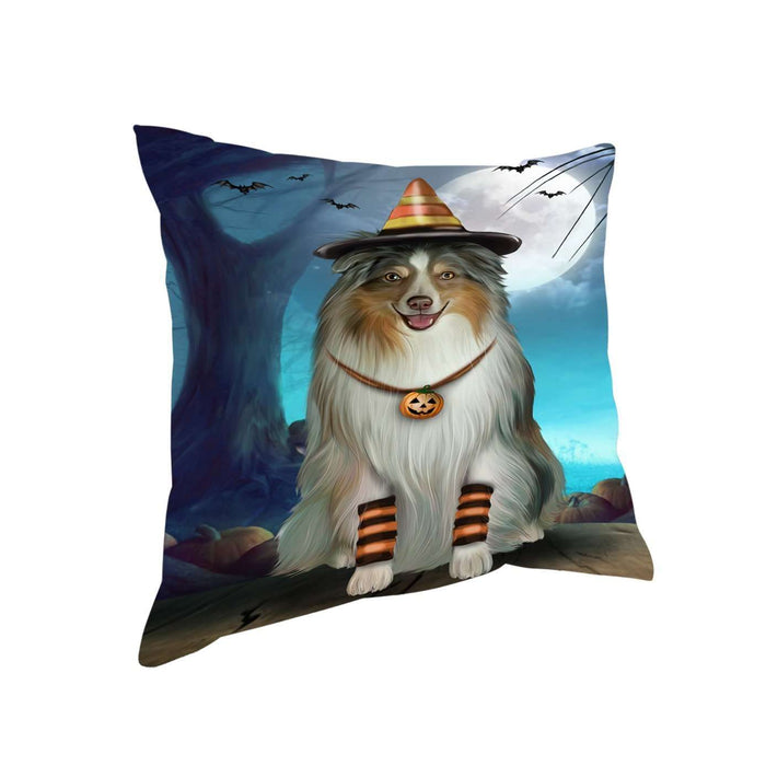 Happy Halloween Trick or Treat Australian Shepherd Dog Candy Corn Throw Pillow