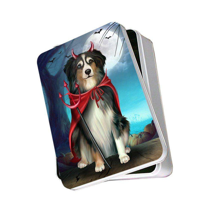 Happy Halloween Trick or Treat Australian Shepherd Dog Devil Photo Storage Tin