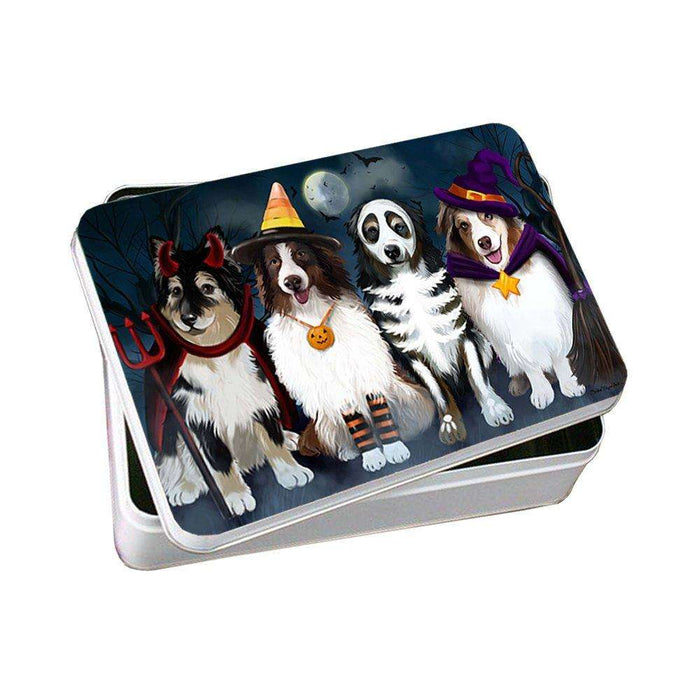 Happy Halloween Trick or Treat Australian Shepherd Dog in Costumes Photo Storage Tin