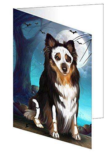 Happy Halloween Trick or Treat Australian Shepherd Dog Skeleton Handmade Artwork Assorted Pets Greeting Cards and Note Cards with Envelopes for All Occasions and Holiday Seasons