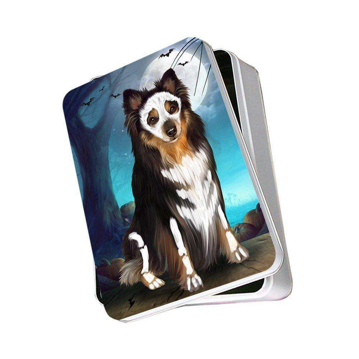 Happy Halloween Trick or Treat Australian Shepherd Dog Skeleton Photo Storage Tin