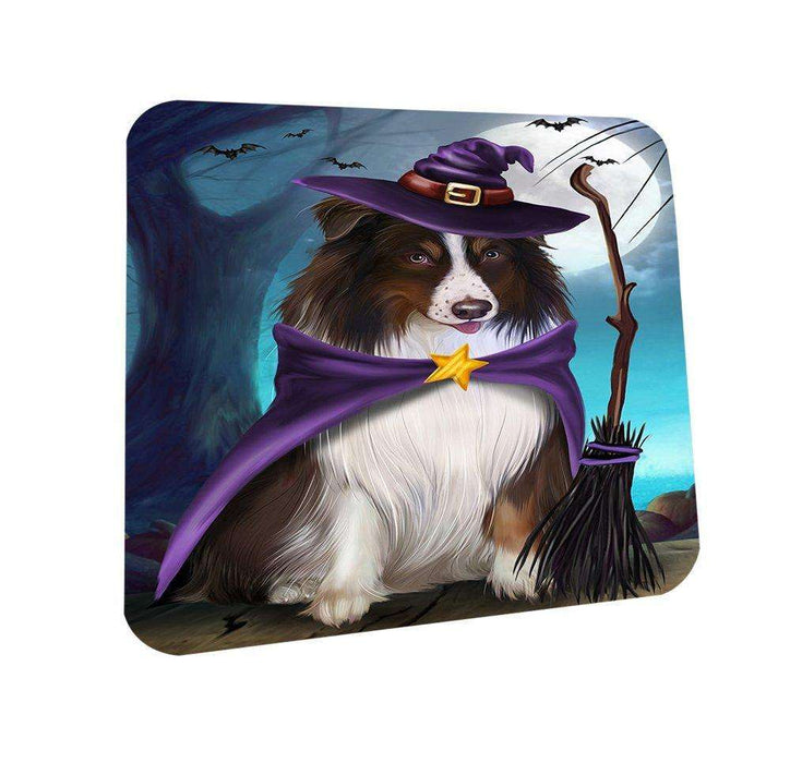 Happy Halloween Trick or Treat Australian Shepherd Dog Witch Coasters Set of 4