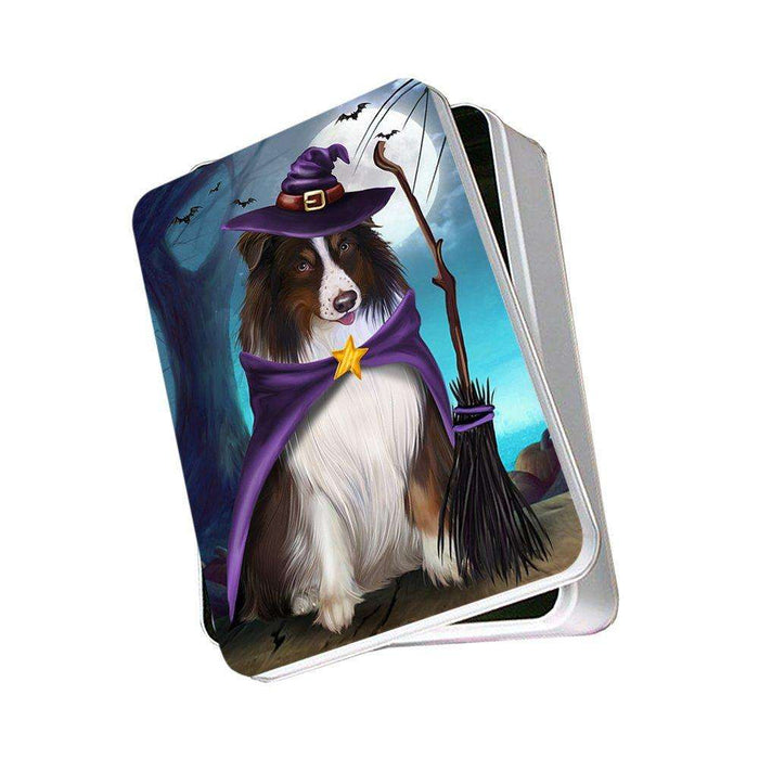 Happy Halloween Trick or Treat Australian Shepherd Dog Witch Photo Storage Tin