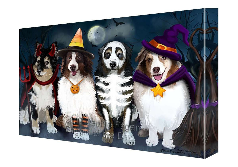 Happy Halloween Trick or Treat Australian Shepherds Dog in Costumes Canvas Wall Art