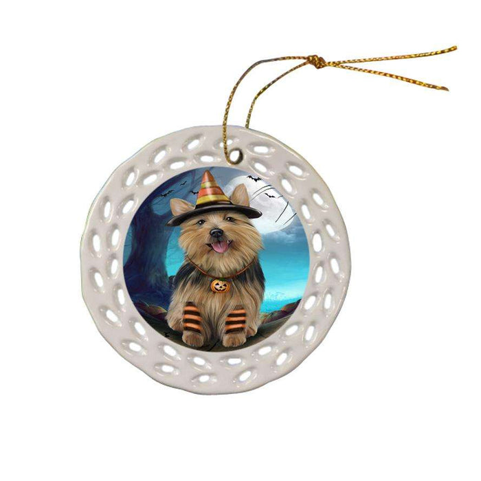 Happy Halloween Trick or Treat Australian Terrier Dog Candy Corn Ceramic Doily Ornament DPOR52502