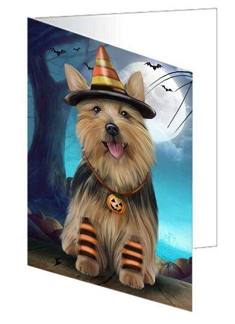 Happy Halloween Trick or Treat Australian Terrier Dog Candy Corn Handmade Artwork Assorted Pets Greeting Cards and Note Cards with Envelopes for All Occasions and Holiday Seasons GCD61535