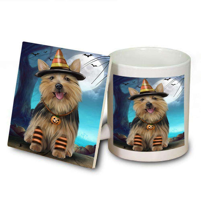 Happy Halloween Trick or Treat Australian Terrier Dog Candy Corn Mug and Coaster Set MUC52494