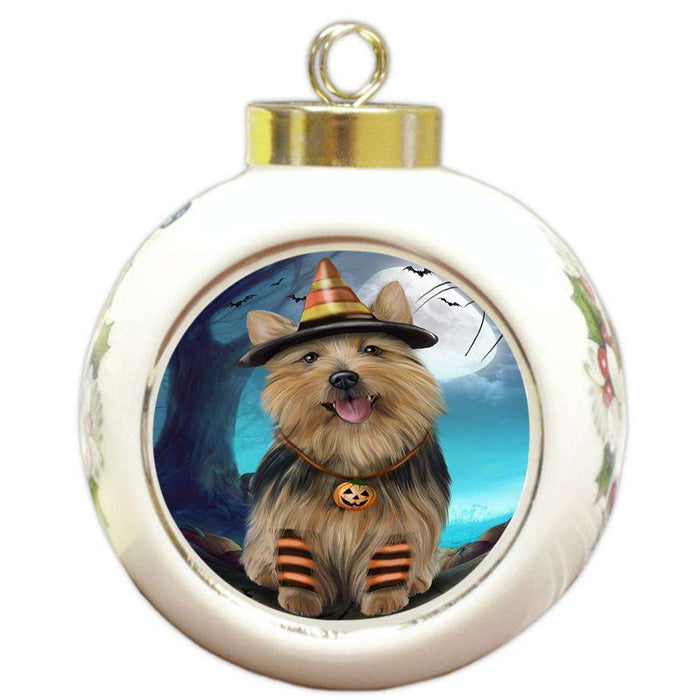 Happy Halloween Trick or Treat Australian Terrier Dog Candy Corn Round Ball Christmas Ornament RBPOR52502