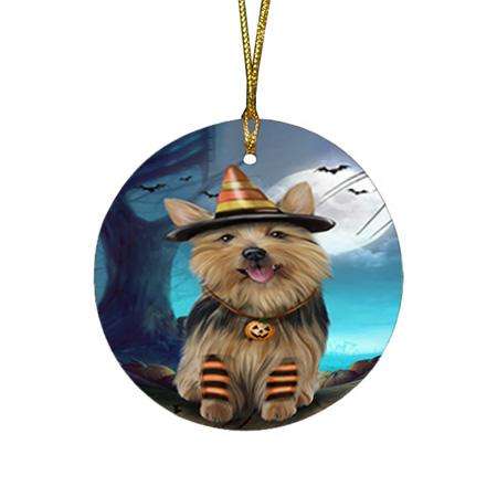 Happy Halloween Trick or Treat Australian Terrier Dog Candy Corn Round Flat Christmas Ornament RFPOR52493