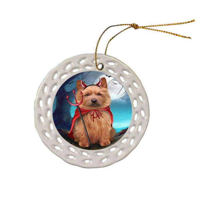 Happy Halloween Trick or Treat Australian Terrier Dog Devil Ceramic Doily Ornament DPOR52521