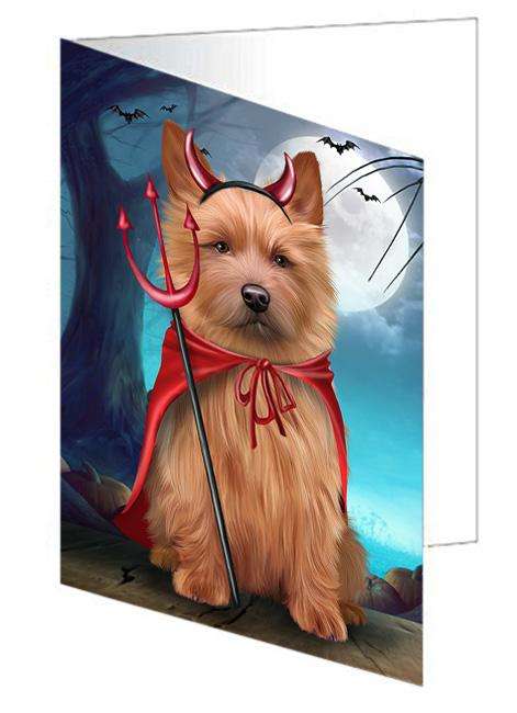 Happy Halloween Trick or Treat Australian Terrier Dog Devil Handmade Artwork Assorted Pets Greeting Cards and Note Cards with Envelopes for All Occasions and Holiday Seasons GCD61592