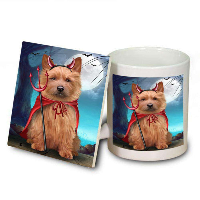 Happy Halloween Trick or Treat Australian Terrier Dog Devil Mug and Coaster Set MUC52513