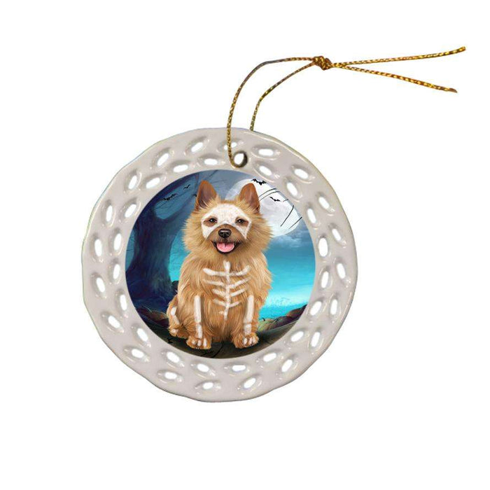 Happy Halloween Trick or Treat Australian Terrier Dog Skeleton Ceramic Doily Ornament DPOR52540