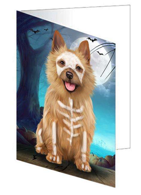 Happy Halloween Trick or Treat Australian Terrier Dog Skeleton Handmade Artwork Assorted Pets Greeting Cards and Note Cards with Envelopes for All Occasions and Holiday Seasons GCD61649