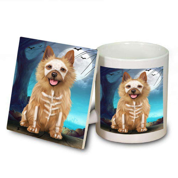 Happy Halloween Trick or Treat Australian Terrier Dog Skeleton Mug and Coaster Set MUC52532