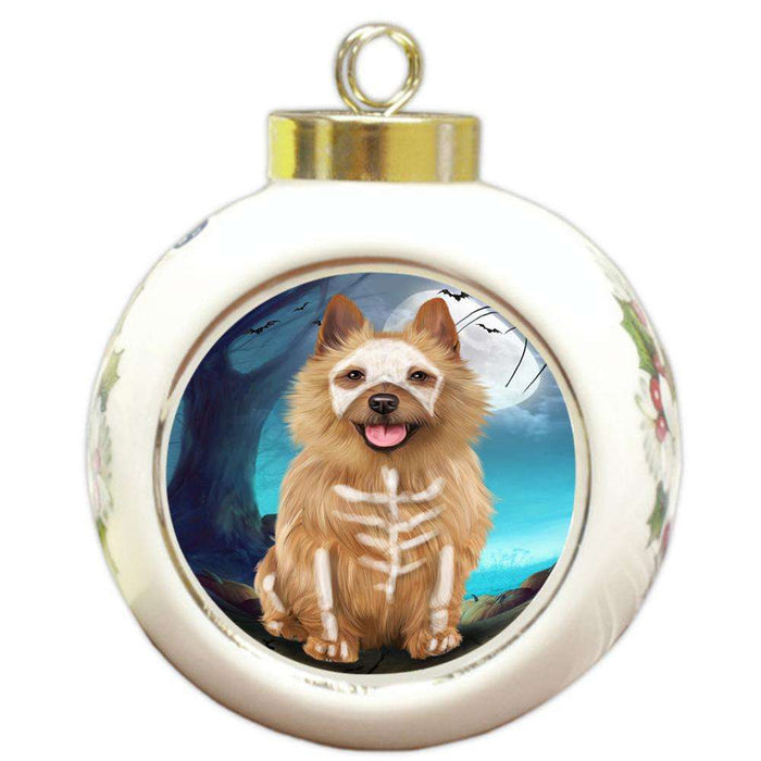 Happy Halloween Trick or Treat Australian Terrier Dog Skeleton Round Ball Christmas Ornament RBPOR52540