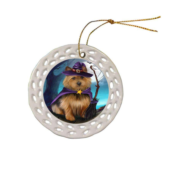 Happy Halloween Trick or Treat Australian Terrier Dog Witch Ceramic Doily Ornament DPOR52559