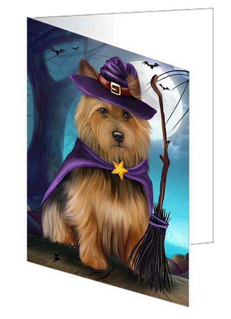 Happy Halloween Trick or Treat Australian Terrier Dog Witch Handmade Artwork Assorted Pets Greeting Cards and Note Cards with Envelopes for All Occasions and Holiday Seasons GCD61706