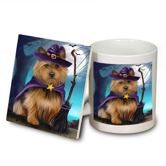 Happy Halloween Trick or Treat Australian Terrier Dog Witch Mug and Coaster Set MUC52551