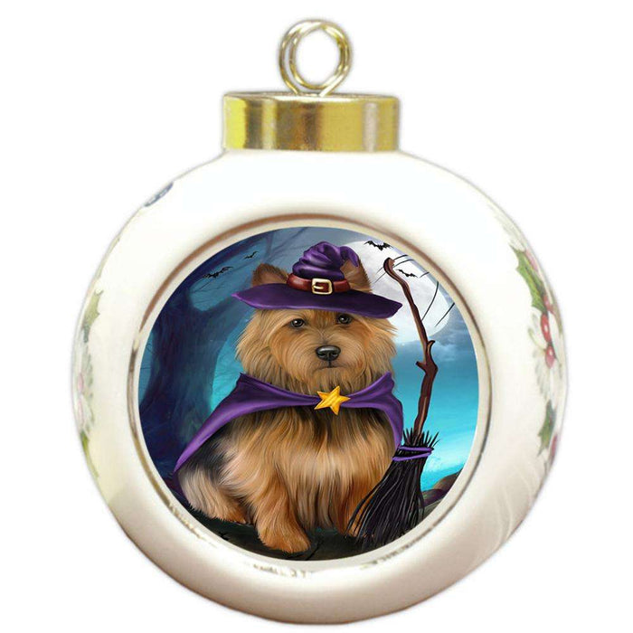 Happy Halloween Trick or Treat Australian Terrier Dog Witch Round Ball Christmas Ornament RBPOR52559
