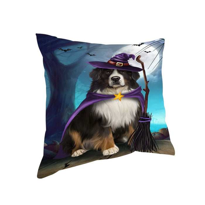 Happy Halloween Trick or Treat Bernese Mountain Dog Witch Throw Pillow