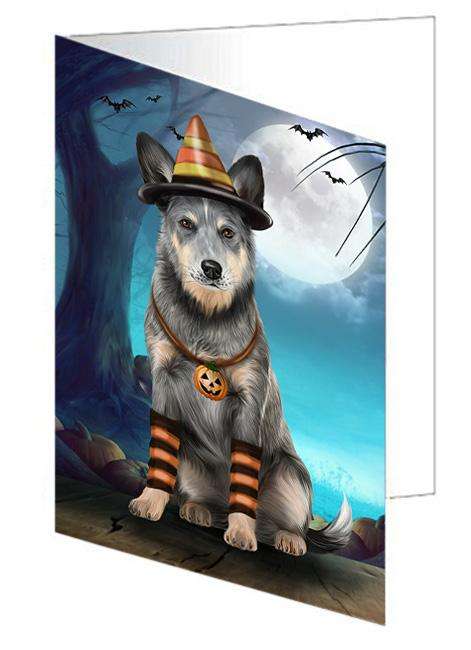 Happy Halloween Trick or Treat Blue Heeler Dog Candy Corn Handmade Artwork Assorted Pets Greeting Cards and Note Cards with Envelopes for All Occasions and Holiday Seasons GCD61538