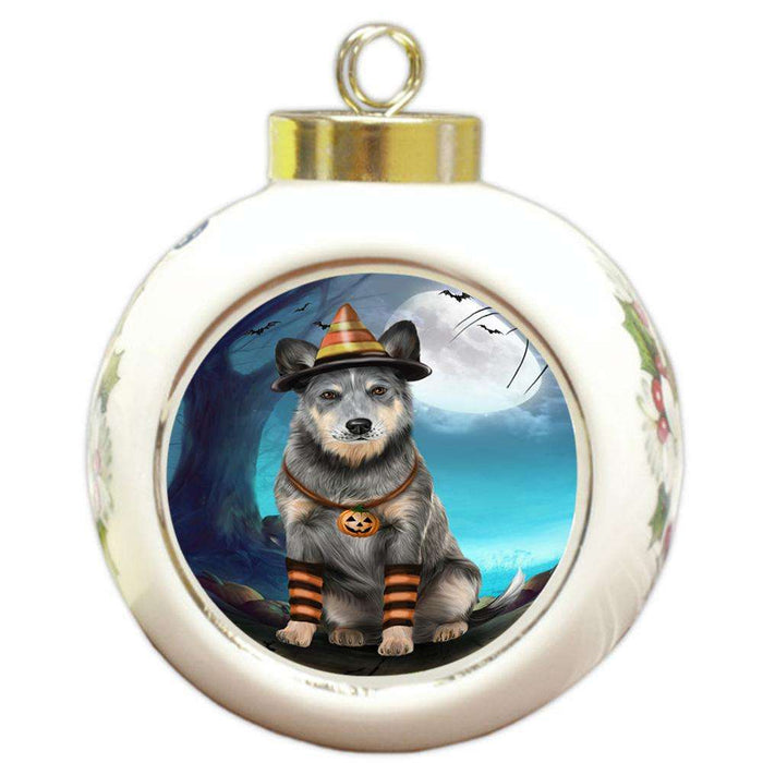 Happy Halloween Trick or Treat Blue Heeler Dog Candy Corn Round Ball Christmas Ornament RBPOR52503