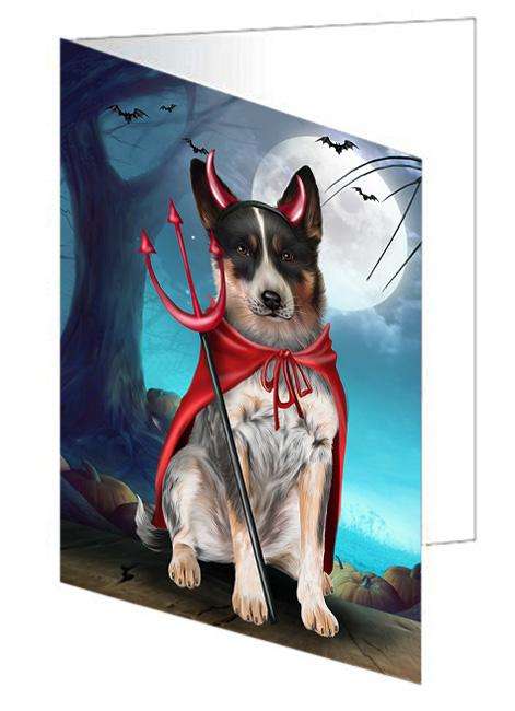 Happy Halloween Trick or Treat Blue Heeler Dog Devil Handmade Artwork Assorted Pets Greeting Cards and Note Cards with Envelopes for All Occasions and Holiday Seasons GCD61595