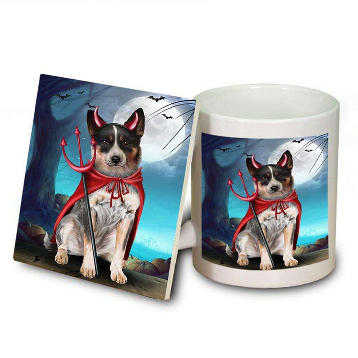 Happy Halloween Trick or Treat Blue Heeler Dog Devil Mug and Coaster Set MUC52514