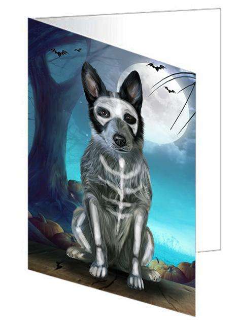 Happy Halloween Trick or Treat Blue Heeler Dog Skeleton Handmade Artwork Assorted Pets Greeting Cards and Note Cards with Envelopes for All Occasions and Holiday Seasons GCD61652