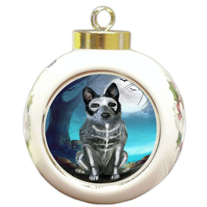 Happy Halloween Trick or Treat Blue Heeler Dog Skeleton Round Ball Christmas Ornament RBPOR52541