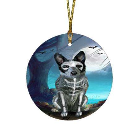 Happy Halloween Trick or Treat Blue Heeler Dog Skeleton Round Flat Christmas Ornament RFPOR52532