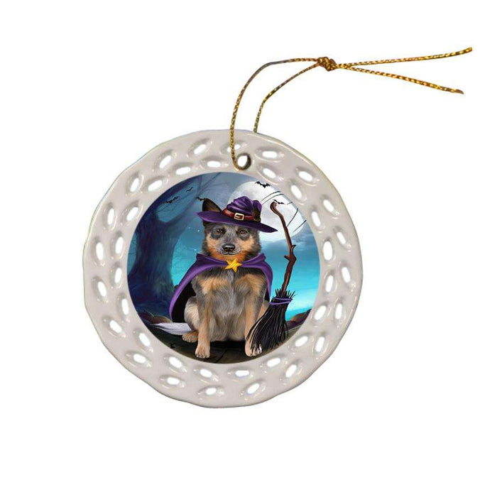 Happy Halloween Trick or Treat Blue Heeler Dog Witch Ceramic Doily Ornament DPOR52560