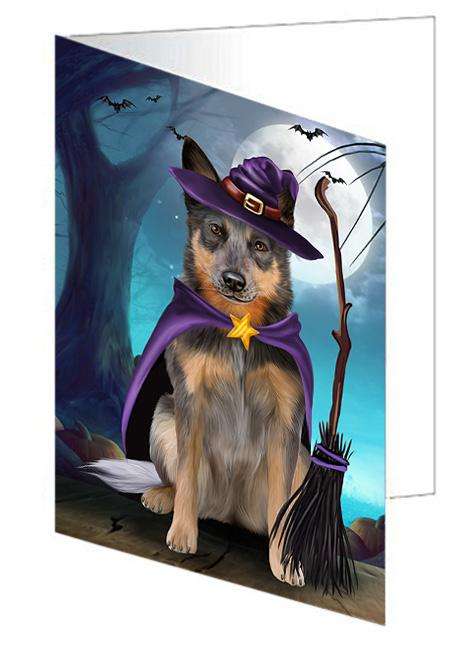 Happy Halloween Trick or Treat Blue Heeler Dog Witch Handmade Artwork Assorted Pets Greeting Cards and Note Cards with Envelopes for All Occasions and Holiday Seasons GCD61709