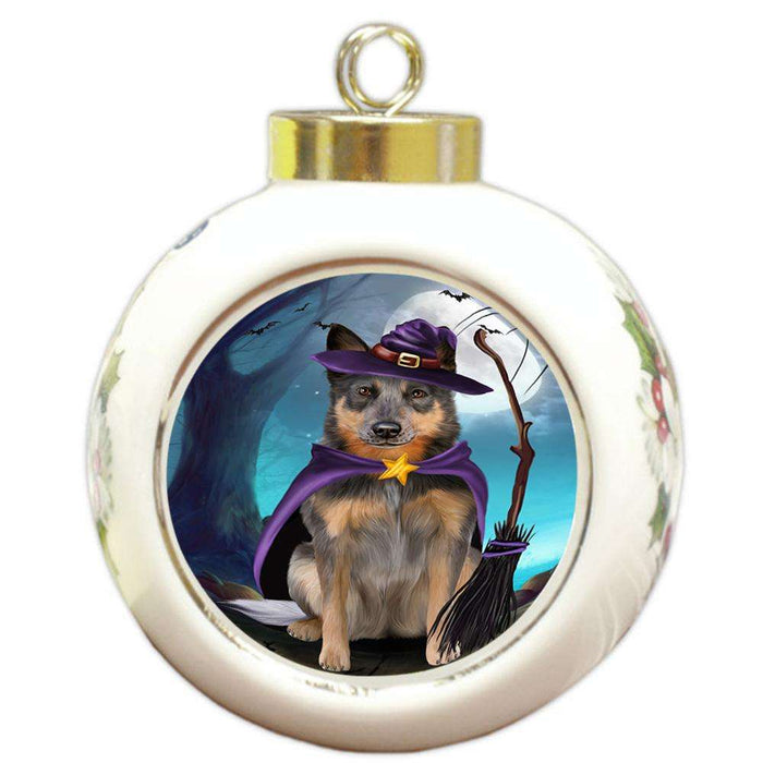 Happy Halloween Trick or Treat Blue Heeler Dog Witch Round Ball Christmas Ornament RBPOR52560