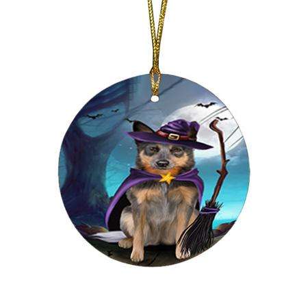Happy Halloween Trick or Treat Blue Heeler Dog Witch Round Flat Christmas Ornament RFPOR52551