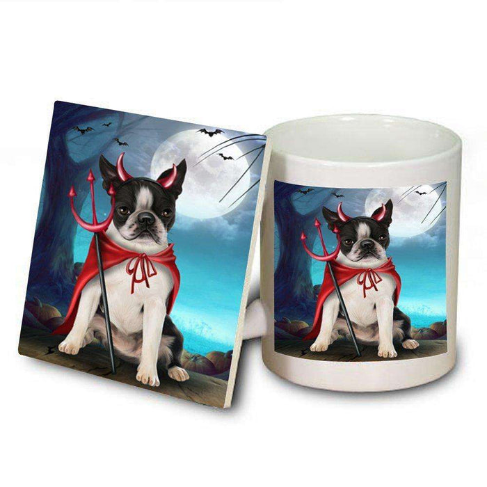 Happy Halloween Trick or Treat Boston Terrier Dog Candy Corn Mug and Coaster Set