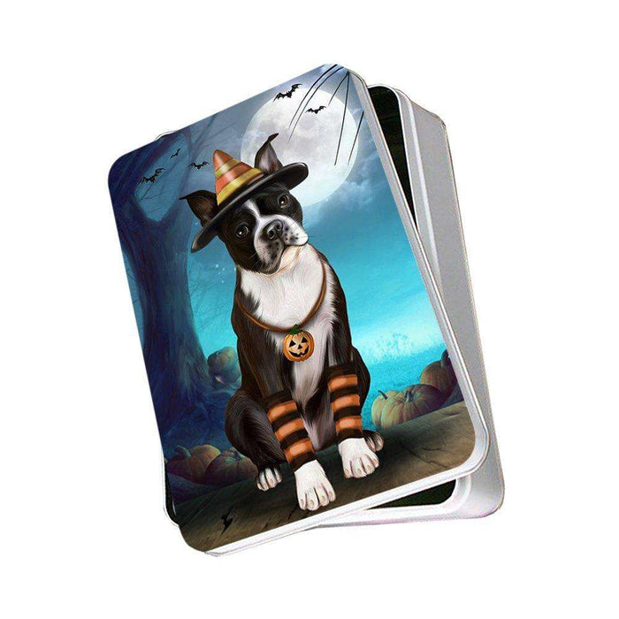 Happy Halloween Trick or Treat Boston Terrier Dog Candy Corn Photo Storage Tin